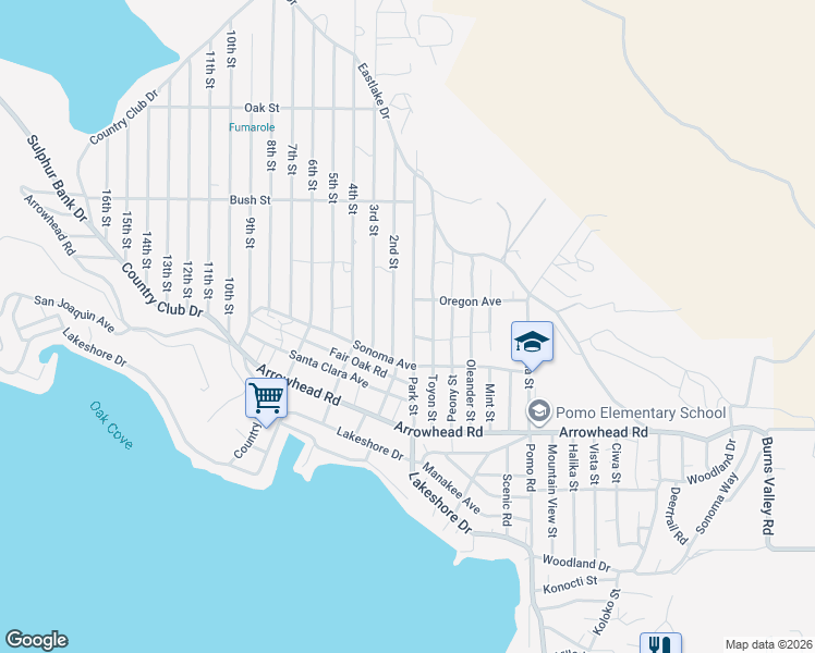 map of restaurants, bars, coffee shops, grocery stores, and more near 3420 2nd Street in Clearlake