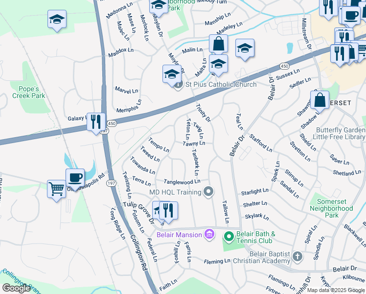 map of restaurants, bars, coffee shops, grocery stores, and more near 12105 Tawny Lane in Bowie