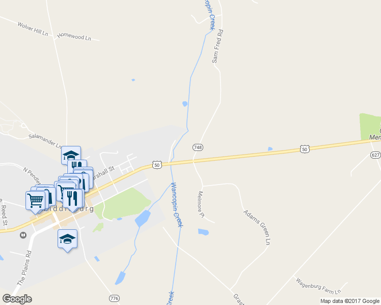 map of restaurants, bars, coffee shops, grocery stores, and more near 23363 Sam Fred Road in Middleburg