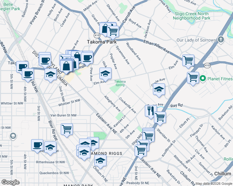 map of restaurants, bars, coffee shops, grocery stores, and more near 6703 Cockerille Avenue in Takoma Park