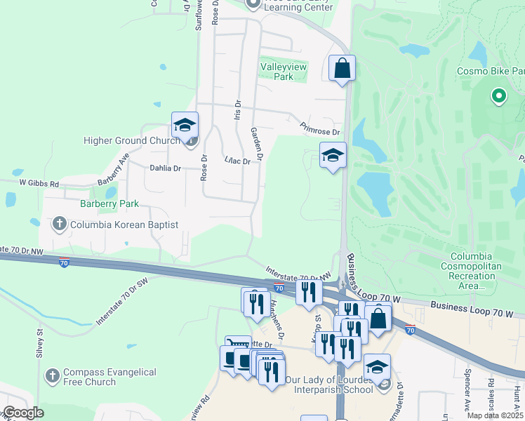 map of restaurants, bars, coffee shops, grocery stores, and more near 1700 Garden Drive in Columbia