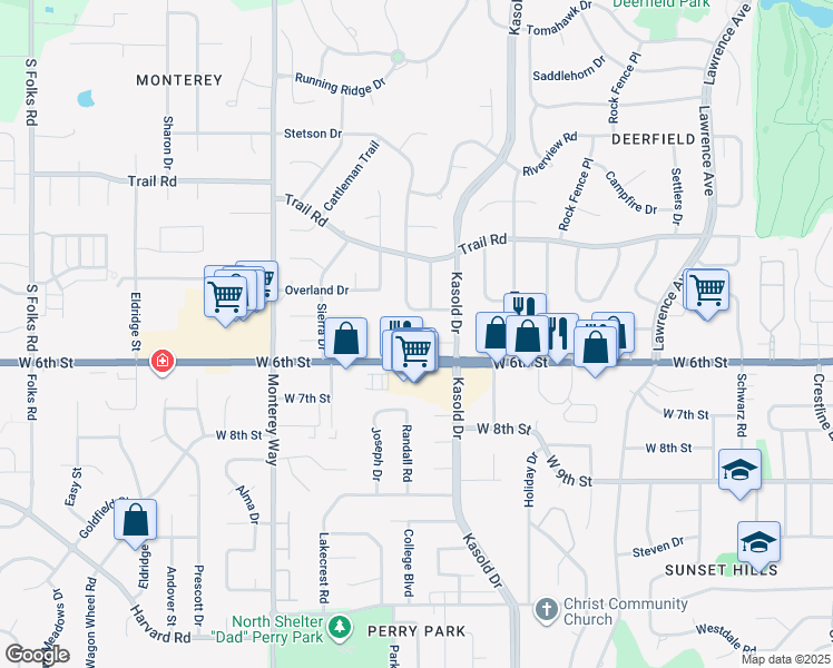 map of restaurants, bars, coffee shops, grocery stores, and more near 3523-3599 West 5th Terrace in Lawrence