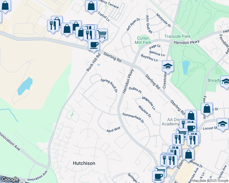 map of restaurants, bars, coffee shops, grocery stores, and more near 829 Spring Knoll Drive in Herndon