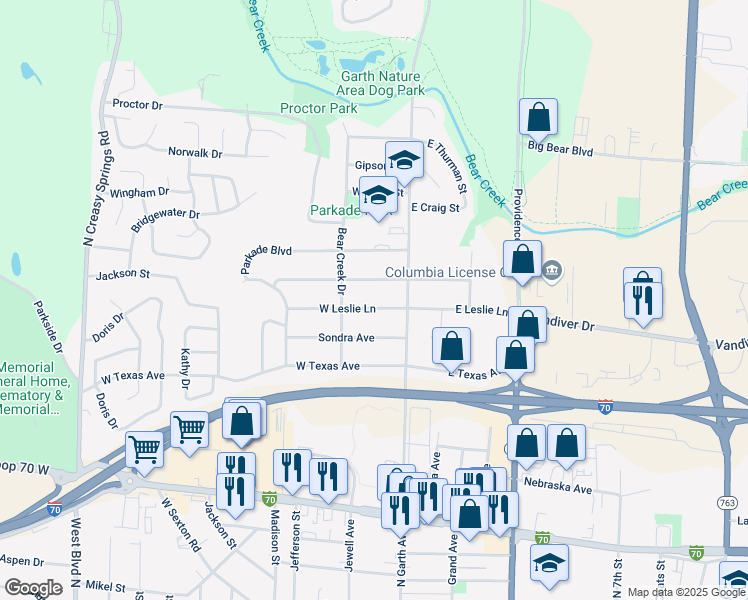 map of restaurants, bars, coffee shops, grocery stores, and more near 200 West Phyllis Avenue in Columbia