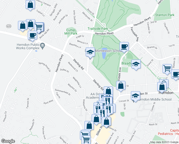 map of restaurants, bars, coffee shops, grocery stores, and more near 1160 Sterling Road in Herndon