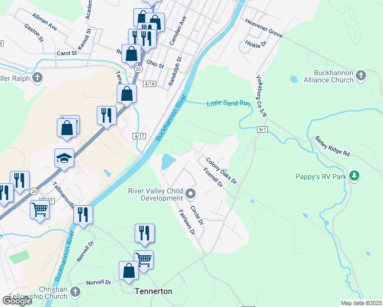 map of restaurants, bars, coffee shops, grocery stores, and more near 267 Colony Oaks Drive in Buckhannon