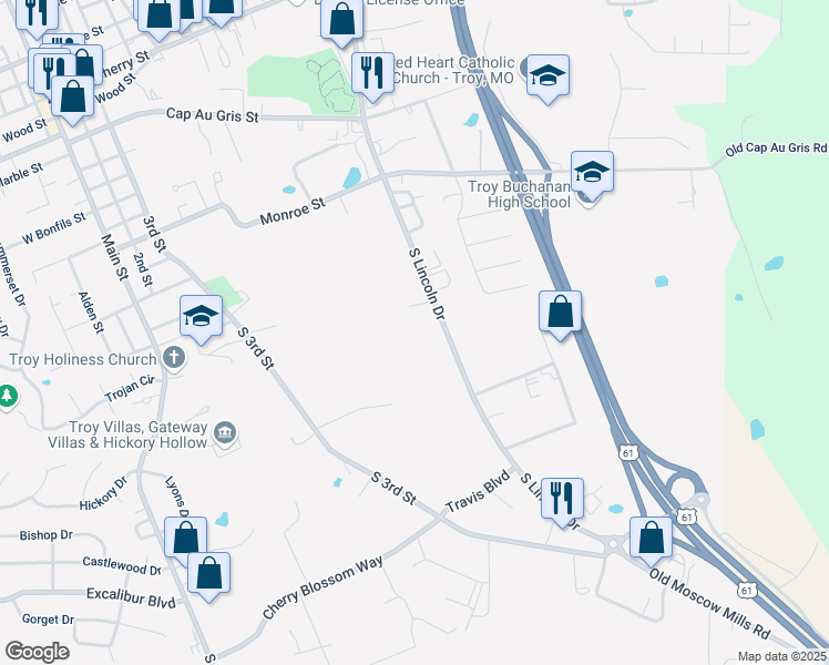 map of restaurants, bars, coffee shops, grocery stores, and more near 411 South Lincoln Drive in Troy