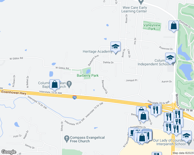 map of restaurants, bars, coffee shops, grocery stores, and more near 3200 Abbeywood Drive in Columbia
