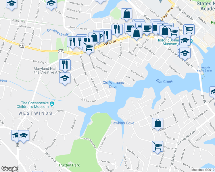 map of restaurants, bars, coffee shops, grocery stores, and more near 26 Spa View Circle in Annapolis