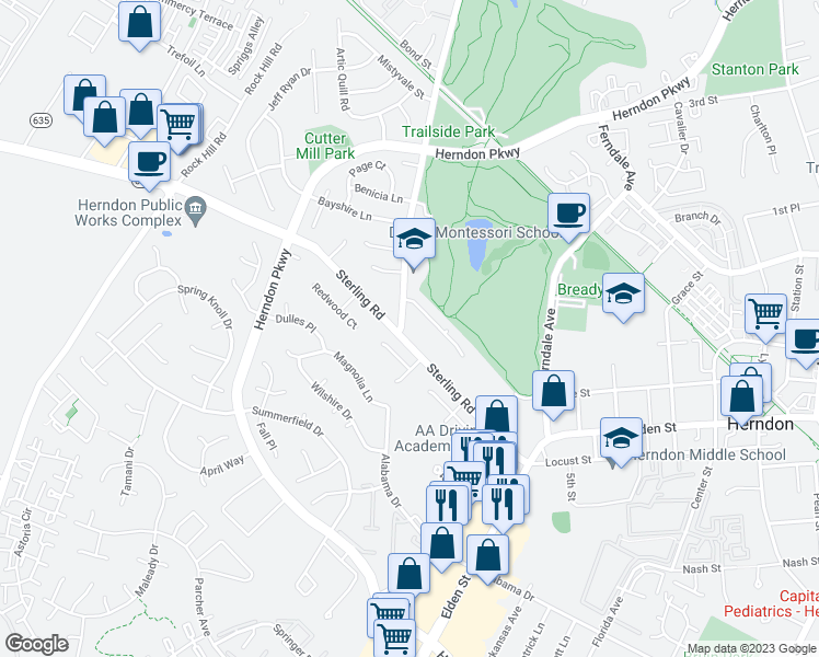 map of restaurants, bars, coffee shops, grocery stores, and more near 1160 Sterling Road in Herndon