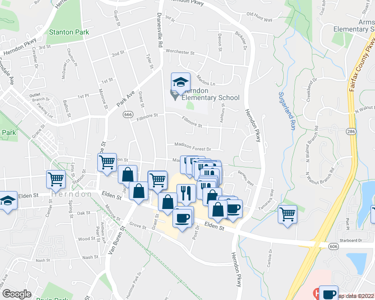 map of restaurants, bars, coffee shops, grocery stores, and more near 427 Madison Forest Drive in Herndon