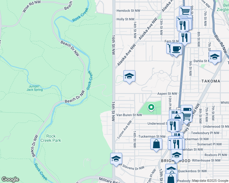 map of restaurants, bars, coffee shops, grocery stores, and more near 6825 16th Street Northwest in Washington