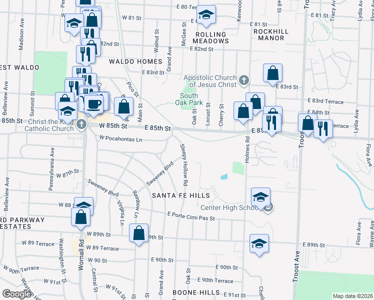 map of restaurants, bars, coffee shops, grocery stores, and more near 8519 Sleepy Hollow Road in Kansas City