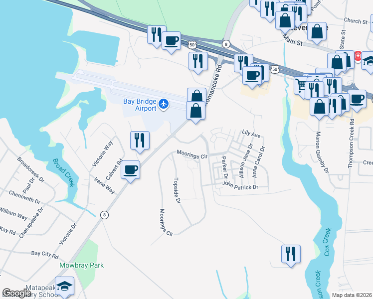 map of restaurants, bars, coffee shops, grocery stores, and more near 236 Moorings Circle in Stevensville