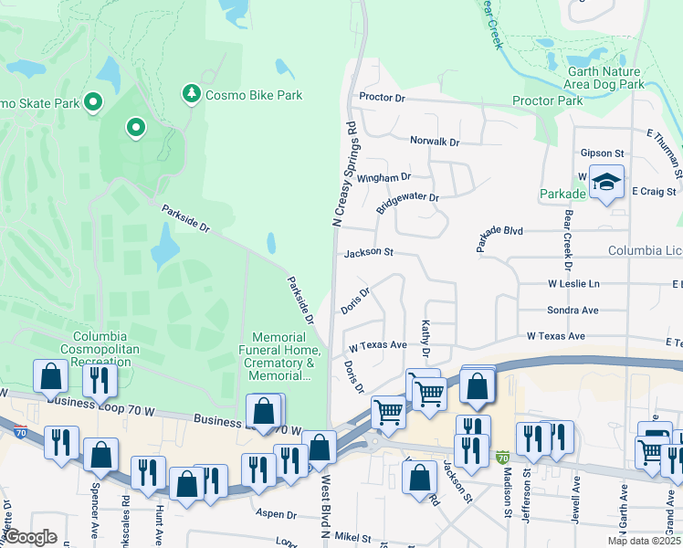 map of restaurants, bars, coffee shops, grocery stores, and more near 1970 Jackson Street in Columbia