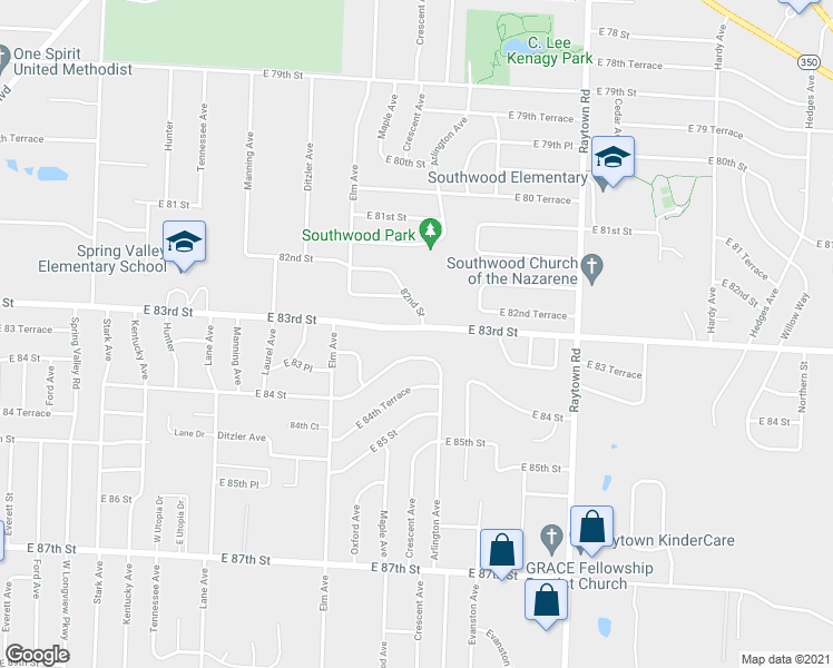 map of restaurants, bars, coffee shops, grocery stores, and more near 9417 82nd Street in Raytown