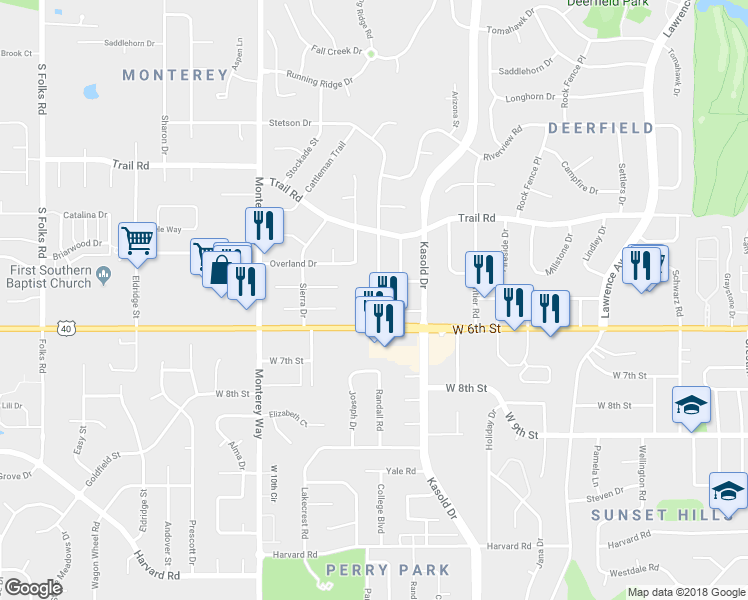 map of restaurants, bars, coffee shops, grocery stores, and more near 3608 Westridge Drive in Lawrence