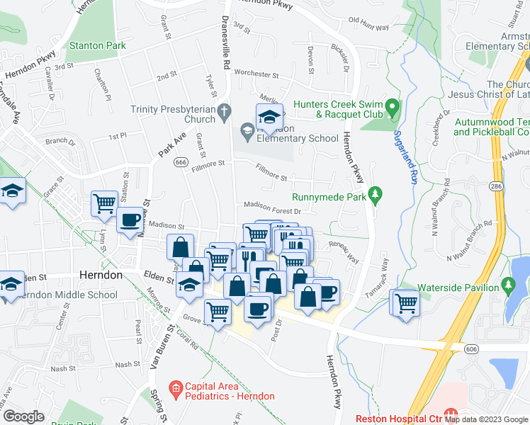 map of restaurants, bars, coffee shops, grocery stores, and more near 427 Madison Forest Drive in Herndon