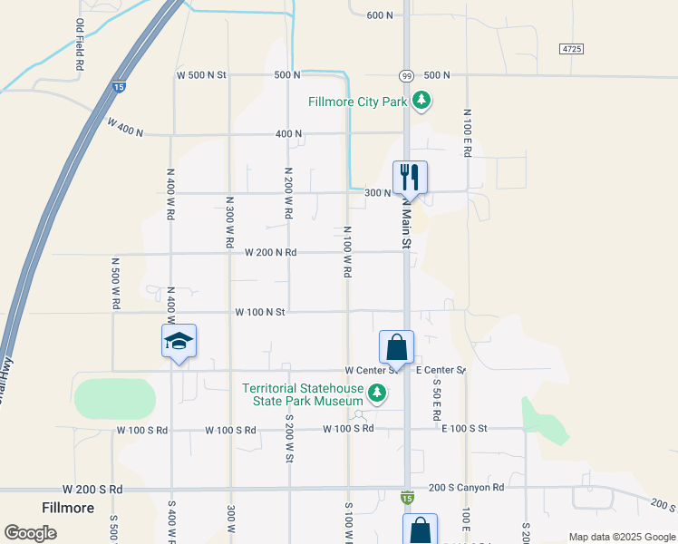 map of restaurants, bars, coffee shops, grocery stores, and more near 165 North 100 West Street in Fillmore