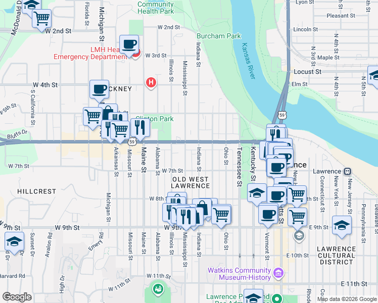 map of restaurants, bars, coffee shops, grocery stores, and more near 612-640 Mississippi Street in Lawrence