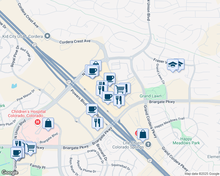 map of restaurants, bars, coffee shops, grocery stores, and more near 9697 Prominent Point in Colorado Springs