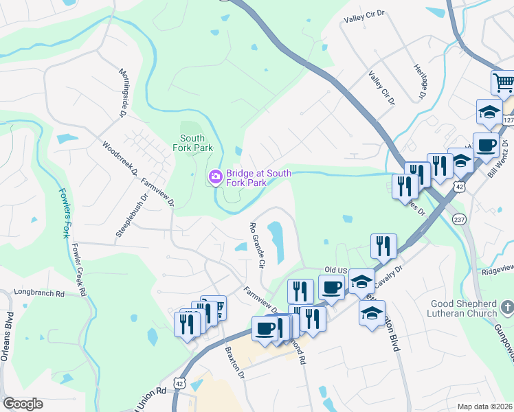 map of restaurants, bars, coffee shops, grocery stores, and more near 27 Rio Grande Circle in Florence