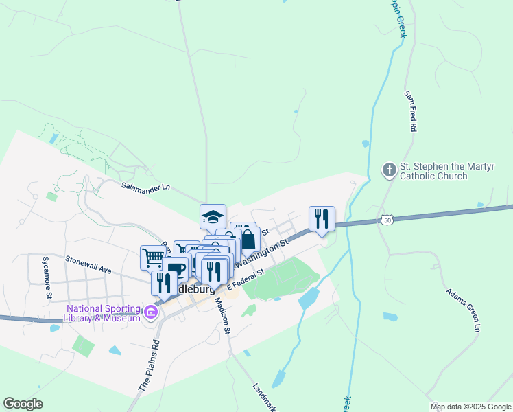 map of restaurants, bars, coffee shops, grocery stores, and more near 122 North Jay Street in Middleburg