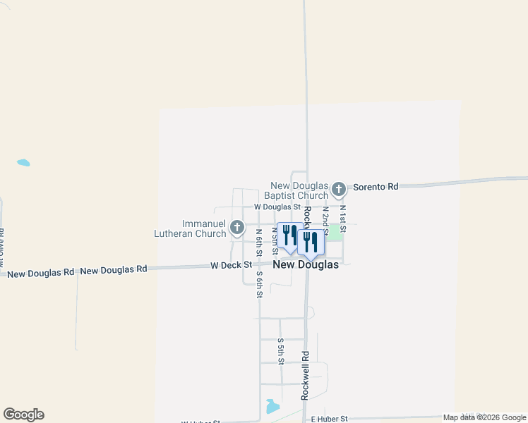 map of restaurants, bars, coffee shops, grocery stores, and more near 503 West Douglas Street in New Douglas
