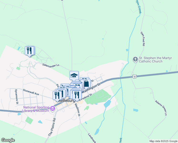 map of restaurants, bars, coffee shops, grocery stores, and more near 122 North Jay Street in Middleburg
