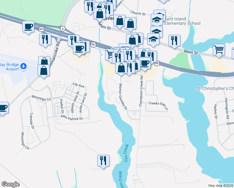 map of restaurants, bars, coffee shops, grocery stores, and more near 1607 Marion Quimby Drive in Stevensville