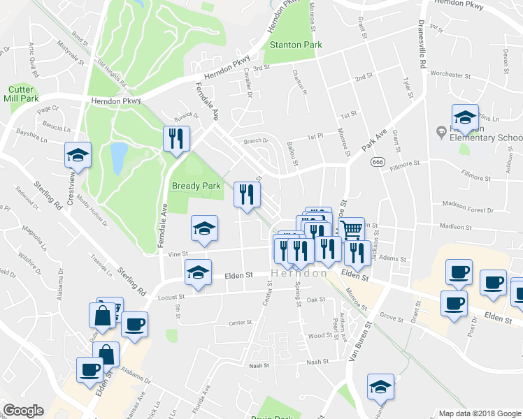 map of restaurants, bars, coffee shops, grocery stores, and more near 214 Herndon Station Square in Herndon