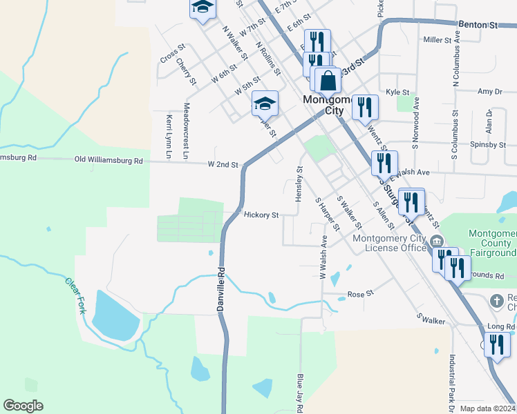 map of restaurants, bars, coffee shops, grocery stores, and more near 117 Hickory Street in Montgomery City