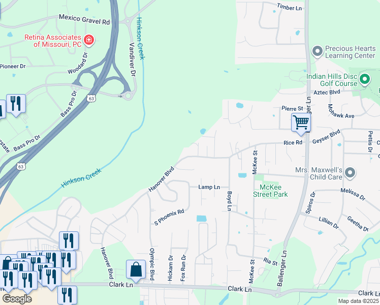 map of restaurants, bars, coffee shops, grocery stores, and more near 2003 Hanover Boulevard in Columbia