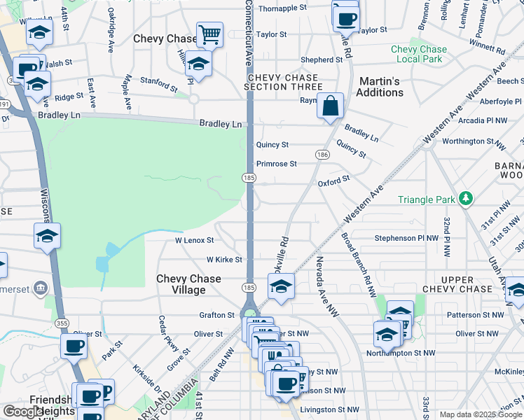 map of restaurants, bars, coffee shops, grocery stores, and more near 2 Newlands Street in Chevy Chase