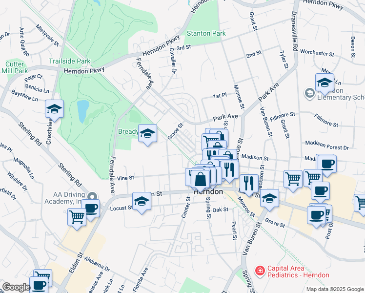 map of restaurants, bars, coffee shops, grocery stores, and more near 214 Herndon Station Square in Herndon