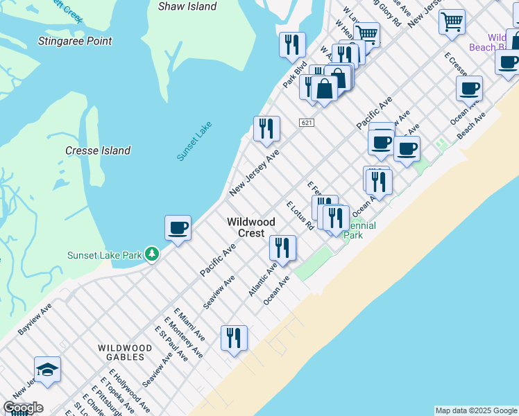 map of restaurants, bars, coffee shops, grocery stores, and more near 113 East Primrose Road in Wildwood Crest