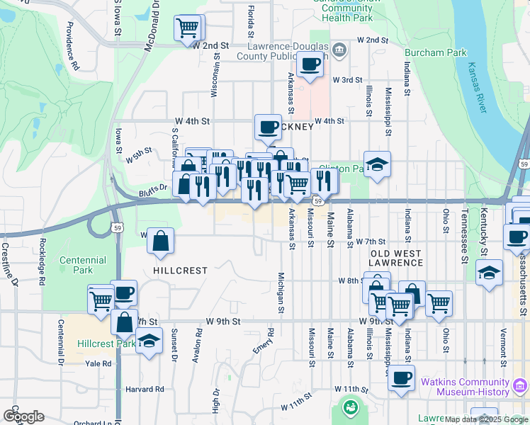 map of restaurants, bars, coffee shops, grocery stores, and more near 611 Michigan Street in Lawrence