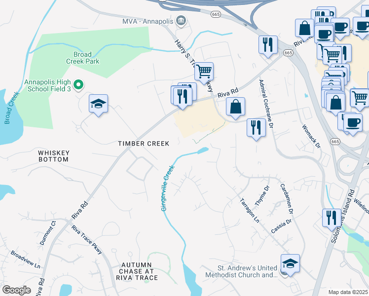 map of restaurants, bars, coffee shops, grocery stores, and more near 2735 Cabernet Lane in Annapolis