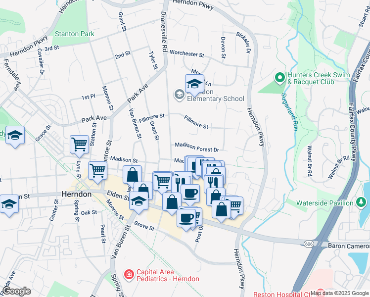 map of restaurants, bars, coffee shops, grocery stores, and more near 431 Madison Forest Drive in Herndon