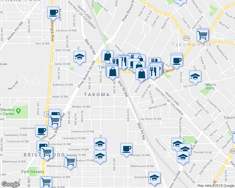 map of restaurants, bars, coffee shops, grocery stores, and more near 321 Aspen Street Northwest in Washington