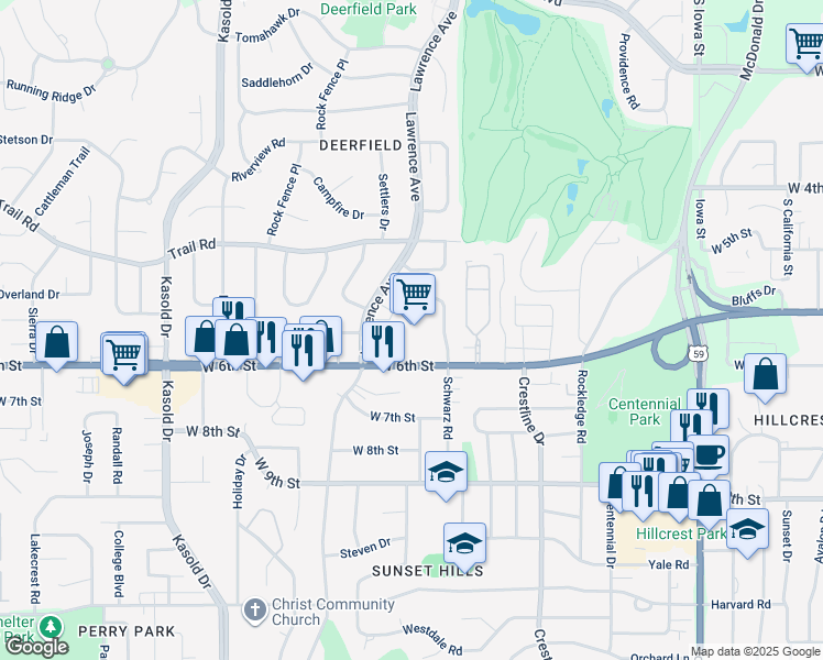 map of restaurants, bars, coffee shops, grocery stores, and more near 3000 West 6th Street in Lawrence