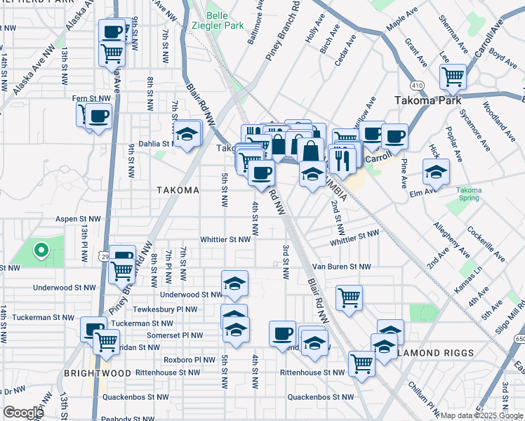 map of restaurants, bars, coffee shops, grocery stores, and more near 321 Aspen Street Northwest in Washington