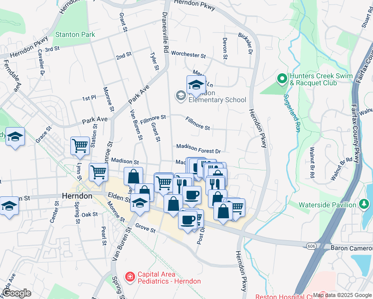 map of restaurants, bars, coffee shops, grocery stores, and more near 431 Madison Forest Drive in Herndon