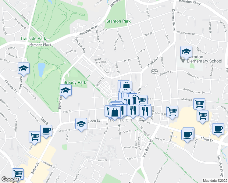 map of restaurants, bars, coffee shops, grocery stores, and more near 815 Branch Drive in Herndon