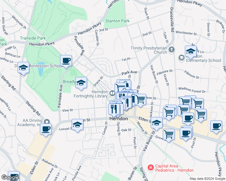 map of restaurants, bars, coffee shops, grocery stores, and more near 815 Branch Drive in Herndon