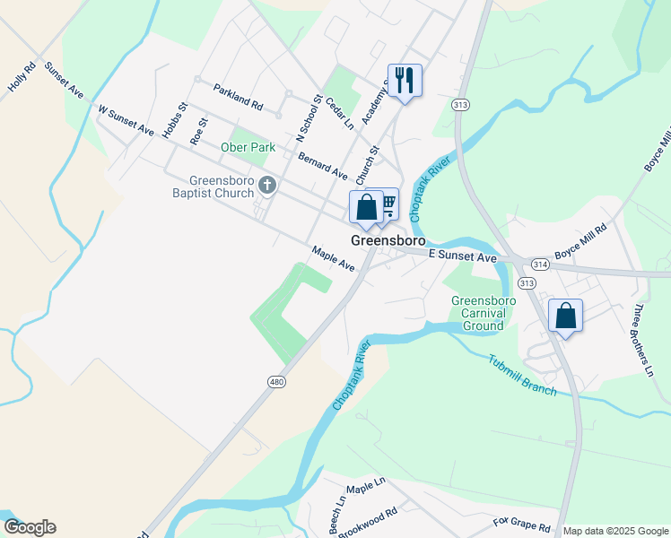 map of restaurants, bars, coffee shops, grocery stores, and more near 104 Maple Avenue in Greensboro