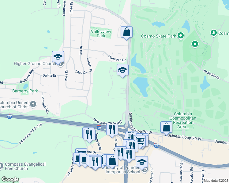 map of restaurants, bars, coffee shops, grocery stores, and more near 1530 Timber Creek Drive in Columbia