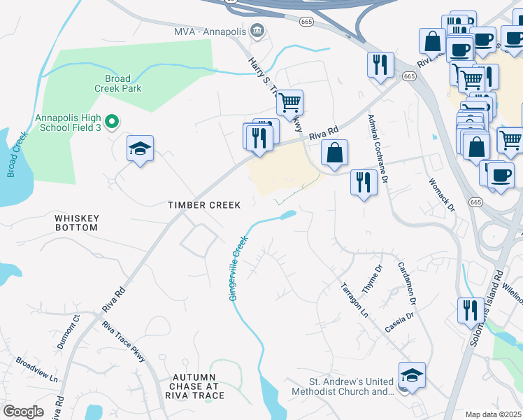 map of restaurants, bars, coffee shops, grocery stores, and more near 2735 Cabernet Lane in Annapolis