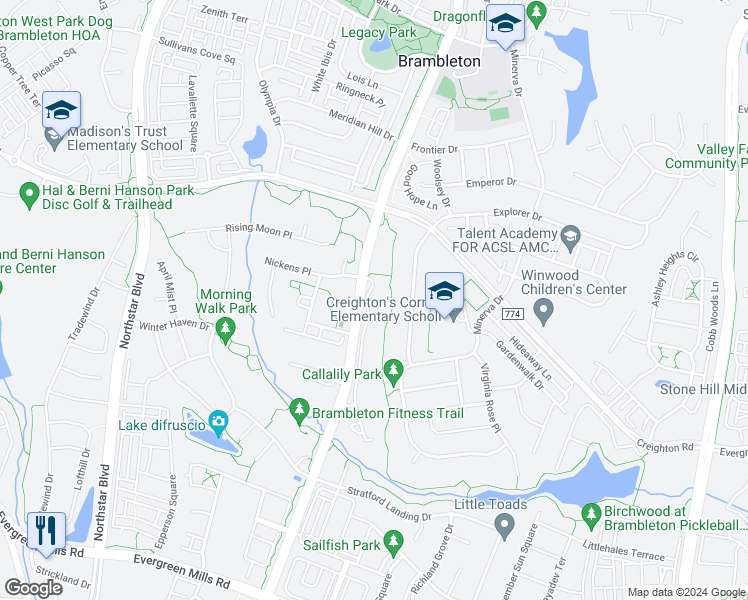 map of restaurants, bars, coffee shops, grocery stores, and more near 23294 Evening Primrose Square in Ashburn
