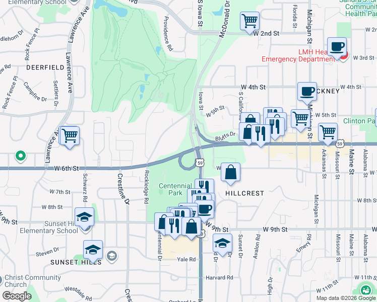 map of restaurants, bars, coffee shops, grocery stores, and more near 2100 West 6th Street in Lawrence